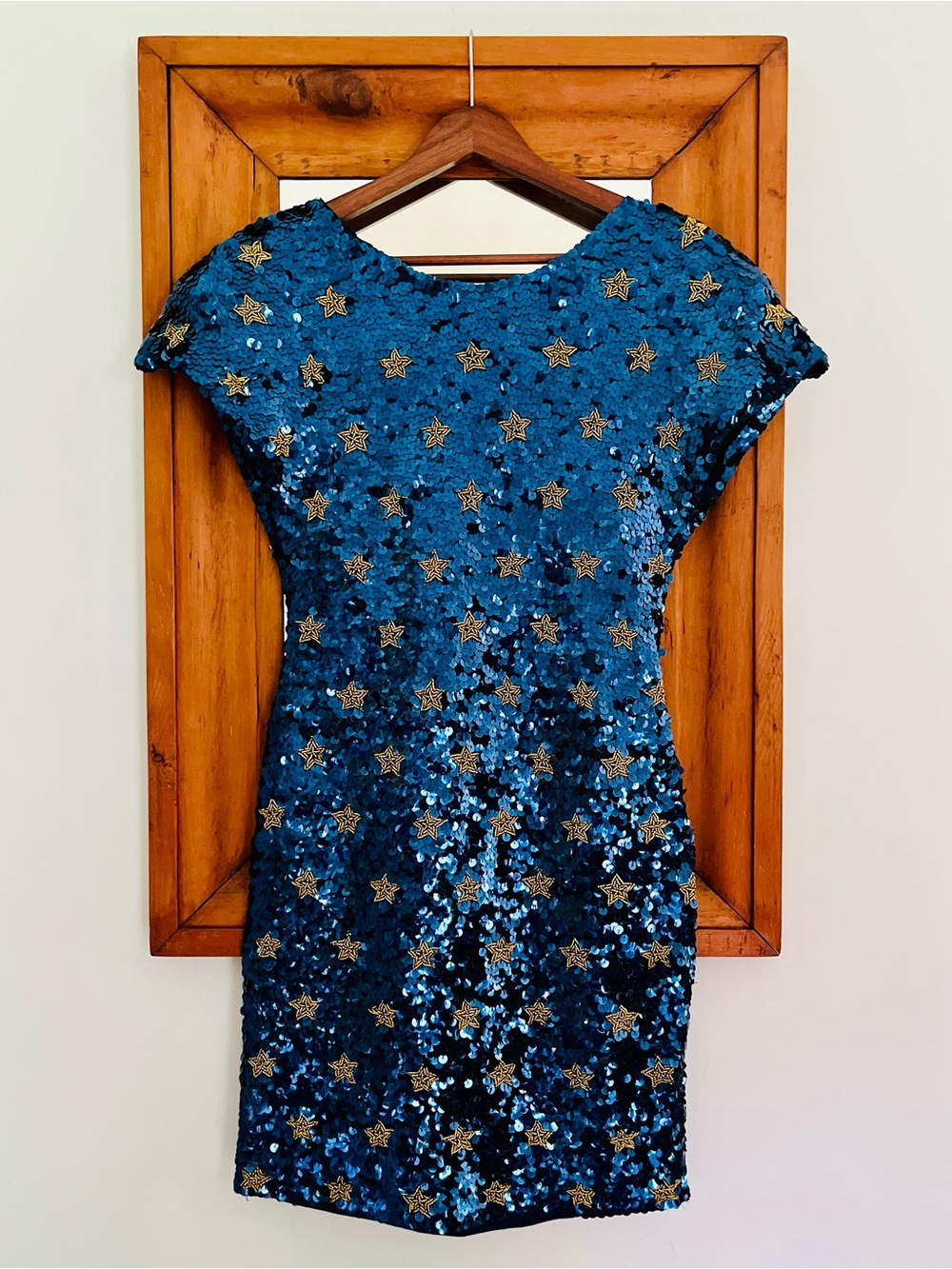 1990s Vintage Blue/Gold Sequin Star Cocktail Dress